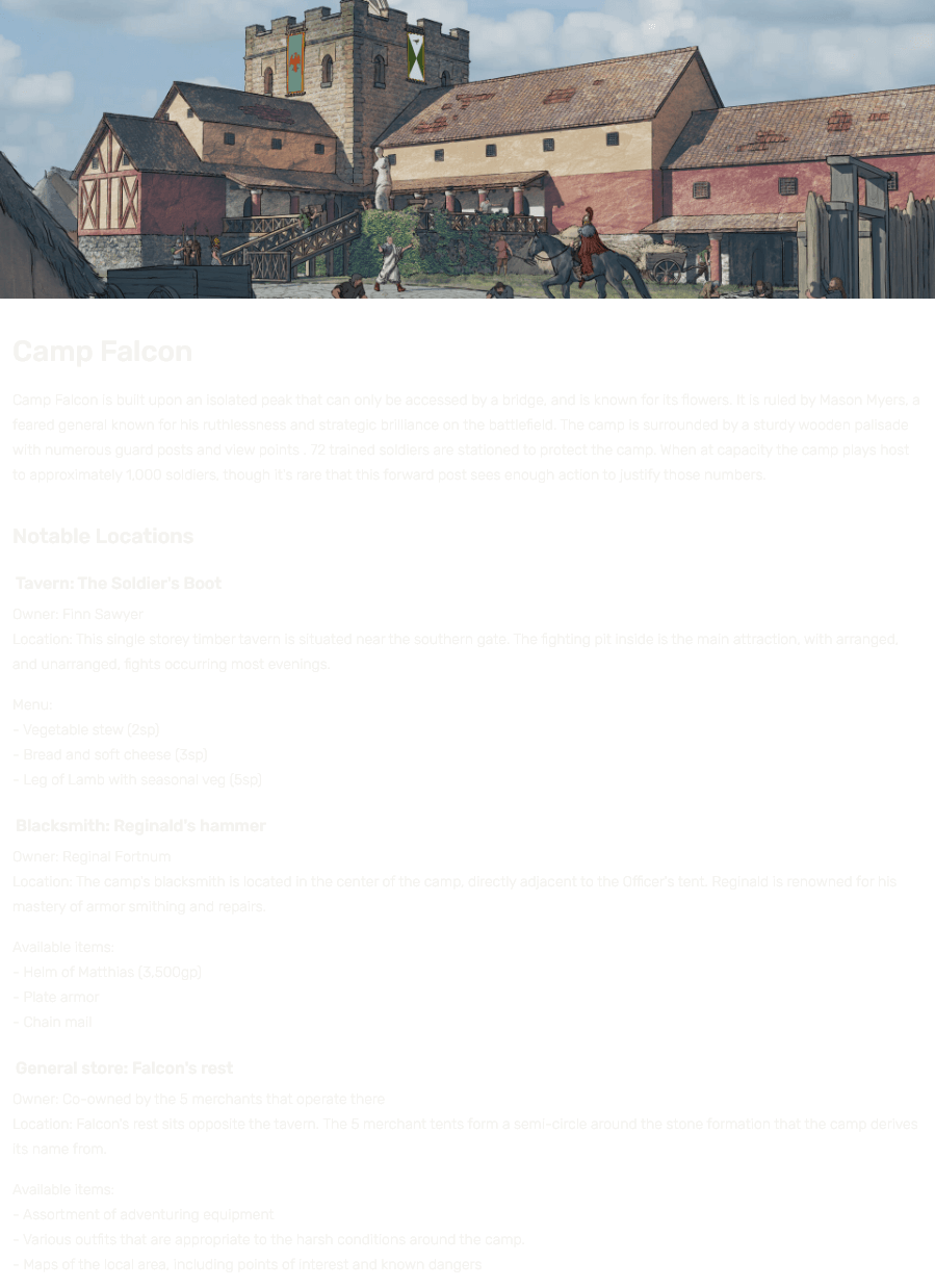 An article that details a military camp in a game master's campaign