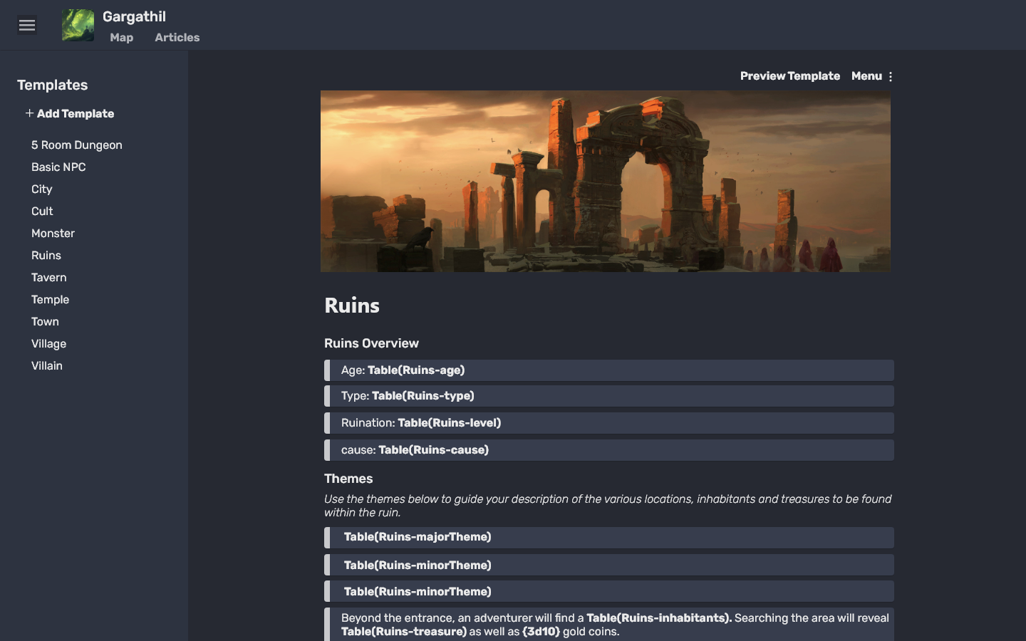 An example template that helps users generate ruins for their fantasy campaigns